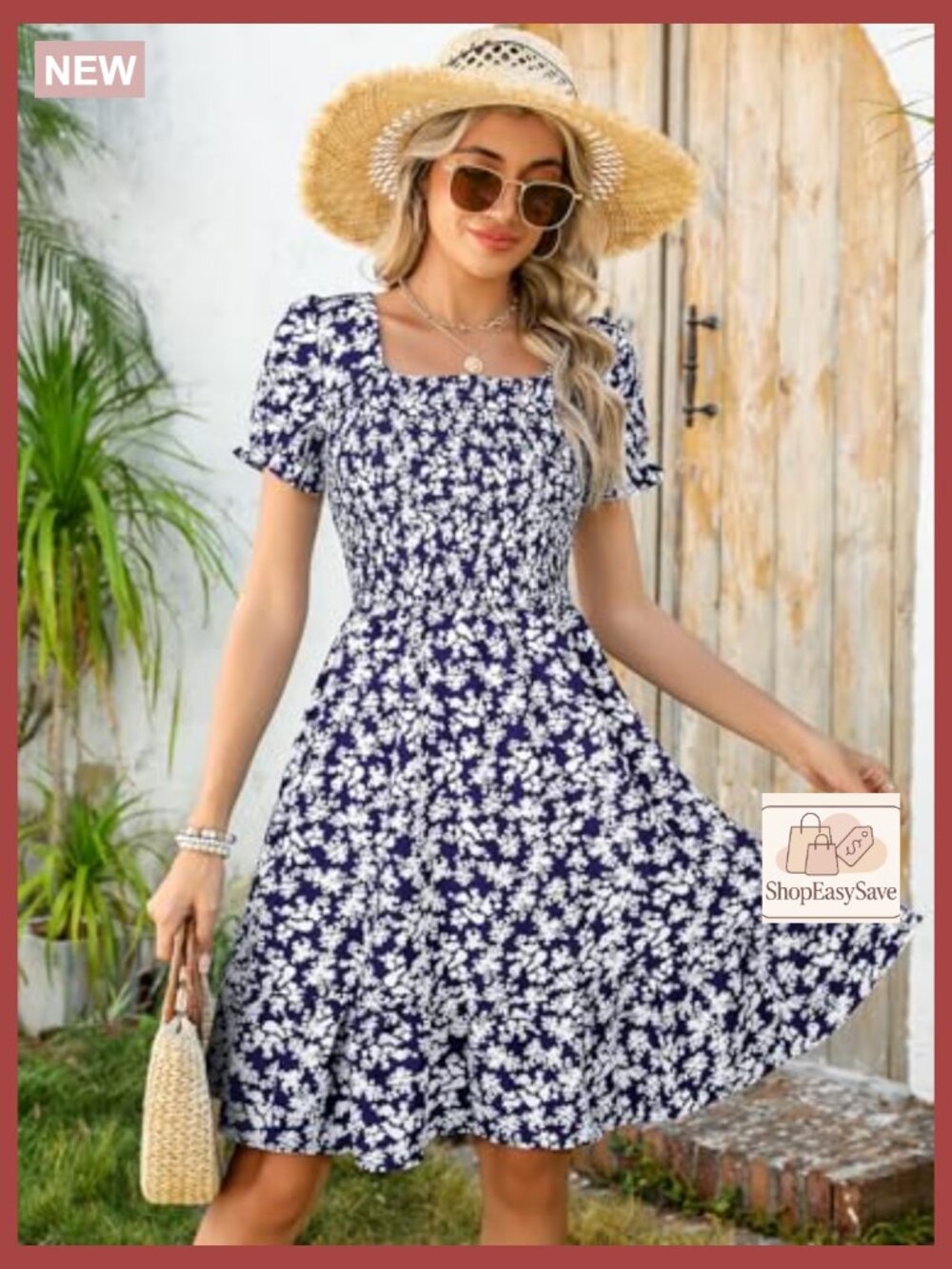 Short Sleeve Square Neck A-Line Tiered Sundress with Pockets Casual Spring - Picture 4 of 7